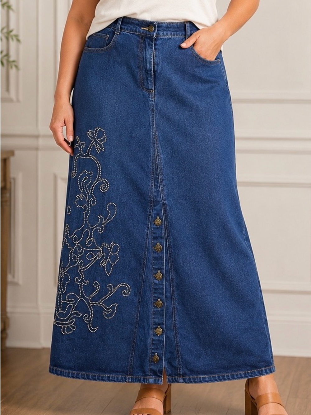 Vintage Denim&Co Denim Maxi Skirt Size 8 Embellished A-Line